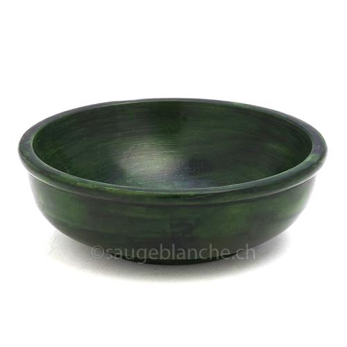 Räuchergefäss aus Stein, grün, zur Verwendung mit glühenden Kohletabletten und Sand. Diam. 10cm
