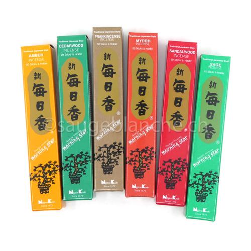 Morning Star Japanese incense, boxes of 50 sticks and a holder.
