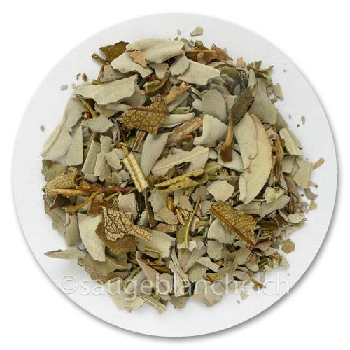 Crushed California white sage and yerba santa leaves for burning on charcoal tablets.